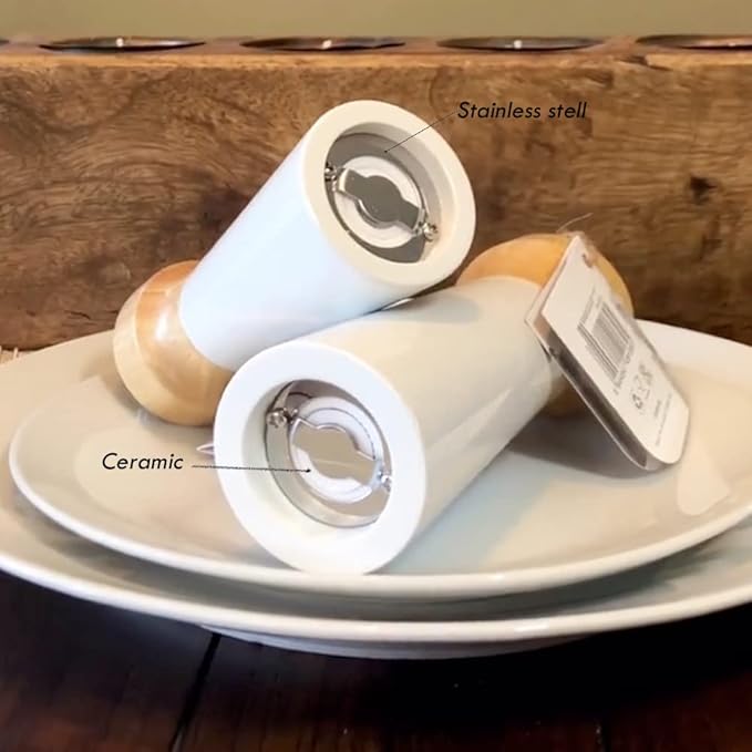 White Salt Grinder Wooden Pepper 8"+6" Salt Grinder Set Pepper Mill Salt & Pepper Shakers - Stainless Ceramic Refillable Stylish for Sea Salt Black Pepper -By Tessïe & Jessïe Lighthouse