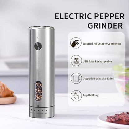 Upgraded Larger 110ml CapacityElectric Salt & Pepper Grinder Set of 2 with LED Light,6 Adjustable Coarseness,Stainless Steel with USB C Charging Dual Rechargeable Base for Women &Men