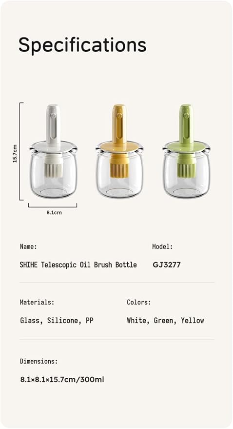 Retractable Oil Brush Dispenser, 2-in-1 Glass Olive Oil Bottle with Silicone Basting Brush — Adjustable Telescopic Design for Cooking, BBQ, and Baking (White/Green/Yellow) (YELLOW)