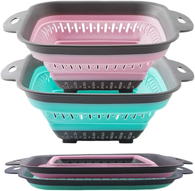 Collapsible Colander Set, Square Round Triangles Silicone Kitchen Strainer Perfect for Draining Pasta Vegetable fruit 2 PCS (10.8"L x 8.6"W x 2"H, Red & Green) by FglmctshHomeProducts