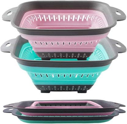 Collapsible Colander Set, Square Round Triangles Silicone Kitchen Strainer Perfect for Draining Pasta Vegetable fruit 2 PCS (10.8"L x 8.6"W x 2"H, Red & Green) by FglmctshHomeProducts