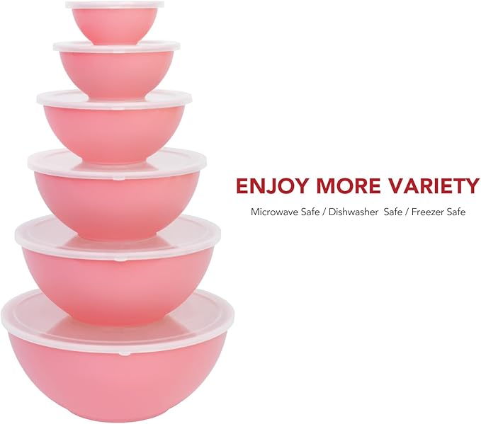 BoxedHome BPA Free Plastic Round Mixing Bowl with Lids, 12 Pack Nesting Bowls with Lids Set, Microwave and Dishwasher Safe Prep & Serving Bowls Great for Mixing, Baking, Serving (Pink, 12pcs) - Image 2