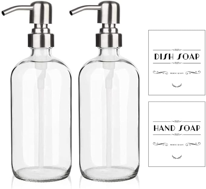 ARKTEK Refillable Soap Dispenser (2 Units) - 17 Oz Clear Glass Bottle with Rust Proof Pump for Hand and Dish Soap, Kitchen Bathroom Countertop by ARKTEK