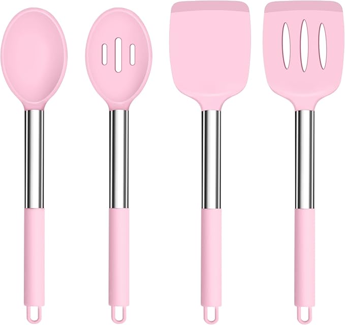 TeamFar Kitchen Utensils, 4 PCS Silicone Cooking Utensils Spatula Spoon Set with Stainless Steel Handle, for Frying Mixing Draining Turning, Healthy & Heat-proof, Non-stick & Dishwasher Safe - Pink by TeamFar