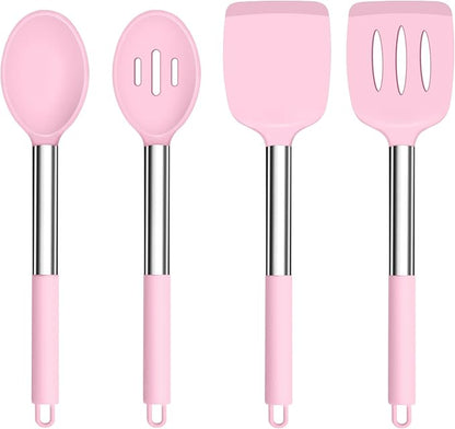 TeamFar Kitchen Utensils, 4 PCS Silicone Cooking Utensils Spatula Spoon Set with Stainless Steel Handle, for Frying Mixing Draining Turning, Healthy & Heat-proof, Non-stick & Dishwasher Safe - Pink by TeamFar
