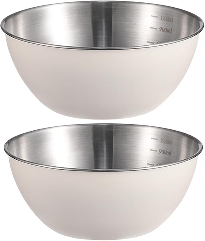 Stainless Steel Salad Bowls Set of 2 Mixing Bowl with Measurement Markings Snacks Bowls, 2.11 Quart White Serving Bowls for Mixing, Cooking, Baking, Prepping and Home Kitchen Food Storage Bowls