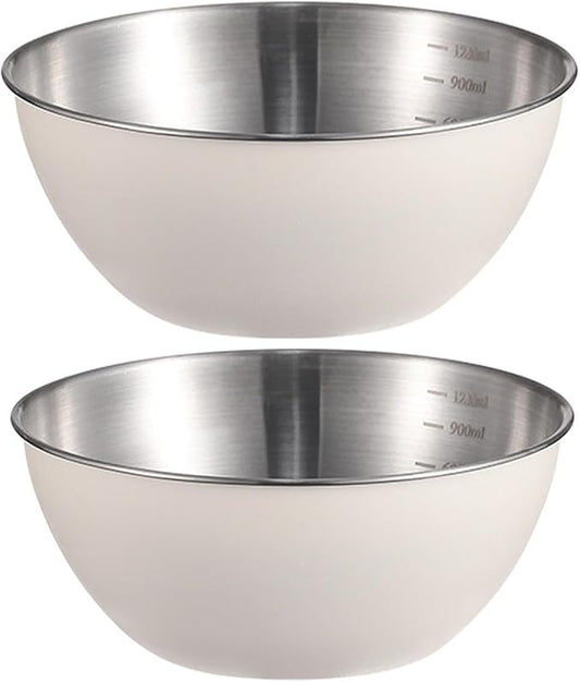 Stainless Steel Salad Bowls Set of 2 Mixing Bowl with Measurement Markings Snacks Bowls, 2.11 Quart White Serving Bowls for Mixing, Cooking, Baking, Prepping and Home Kitchen Food Storage Bowls