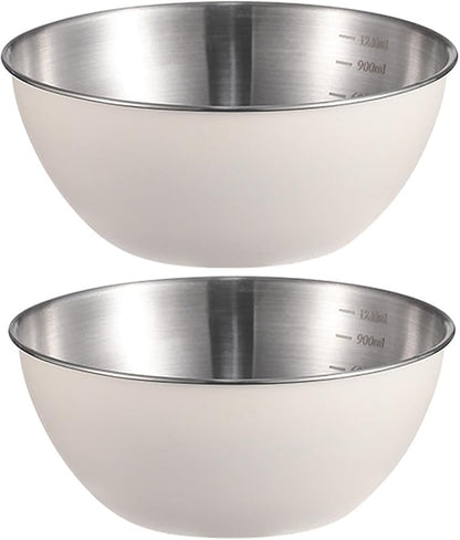 Stainless Steel Salad Bowls Set of 2 Mixing Bowl with Measurement Markings Snacks Bowls, Small 0.74 Quart White Serving Bowls for Mixing, Cooking, Prepping and Home Kitchen Food Storage Bowls