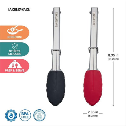 Farberware Classic S2 Mini Tongs Set of 2, 7-Inch Stainless Steel Kitchen Tongs with Silicone Tips, Heat Resistant Cooking Tongs with Ring Lock for Compact Storage, Red and Black - Image 2