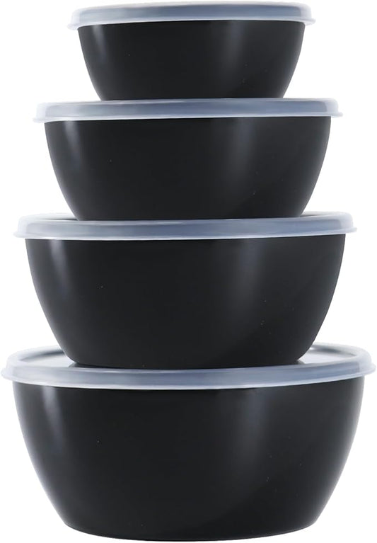 4-Piece Classic Plastic Prep Bowls with Lids, Nesting Plastic Small Mixing Bowl Set for Mixing, Baking, Prepping, Cooking and Serving Food, Microwave and Dishwasher Safe (Black) by SCWBOEII