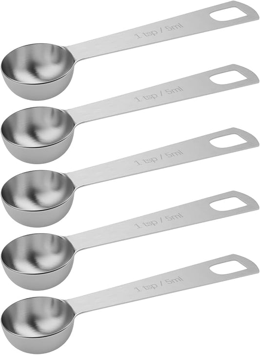 5PCS 1tsp (1/3tbsp, 5ml) Single Measuring Spoon, Stainless Steel Individual Teaspoons Only by BERYLER