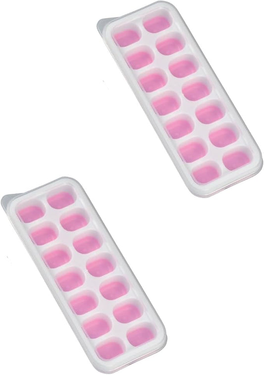 Ice Cube Tray with Lid, Easy-Release, Flexible, Ice Cube Tray, Spill-Resistant, for Freezer, Cocktail, Drinks, Coffee, 2 Pack 28 Pcs, Pink, 1.1x2.8x7.2 in by Unknown