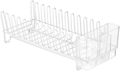 mDesign Kitchen Sink Dish Drainer – Small Metal and Plastic Dish Rack for Kitchen Sink – Dish Drying Rack with Drip Tray for Plates and Cutlery Basket – White/Clear