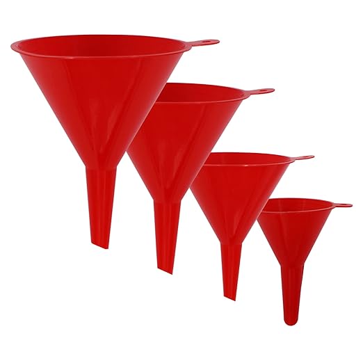 KongNai 4 Pieces Plastic Funnel Set for Kitchen and Automotive Use, Mini, Small, Medium and Large Funnel for Filling Bottles, Canning, Cooking, Lab or Car Oil Funnels (Red) by KongNai