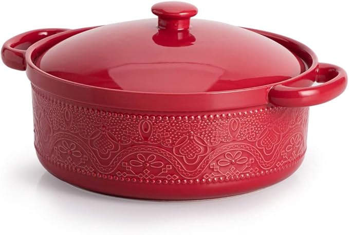 FUN ELEMENTS Casserole Dish, 2 Quart Lace Emboss Casserole Dish with Lid, Oven to Table Ceramic Round Serving Dish with Handles for Dinner and Party, Thanksgiving Christmas Gifts(Christmas Red) by IntoYourHouseOntoYourTable