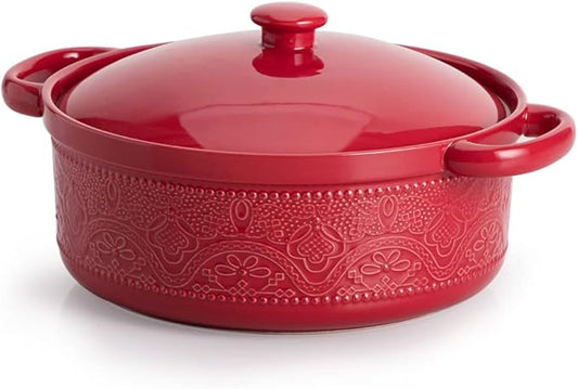 FUN ELEMENTS Casserole Dish, 2 Quart Lace Emboss Casserole Dish with Lid, Oven to Table Ceramic Round Serving Dish with Handles for Dinner and Party, Thanksgiving Christmas Gifts(Christmas Red) by IntoYourHouseOntoYourTable
