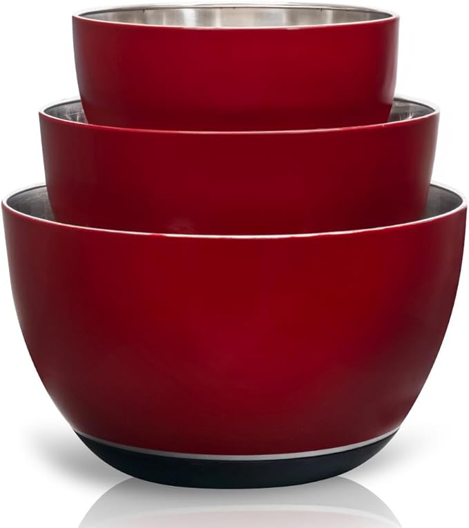 WHYSKO® Stainless Steel Mixing Bowls (Set of 3) with Non-Slip Silicone Base for Kitchen, Dishwasher Safe Bowls for Meal Prep, Cooking, Baking, Serving, Food Storage (Red) by WHYSKO
