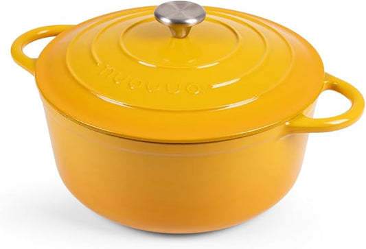 Nuovva Enamelled Cast Iron Dutch Oven Pot with Lid 6.4 Quart Non Stick Casserole Pot – Heavy Duty & Oven Safe up to 500° F for Bread Baking, Braising, Stews, Roasting – 28cm Yellow by Nuovva