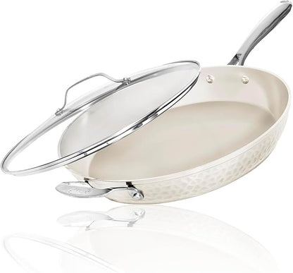 GOTHAM STEEL HAMMERED 14 Inch Non Stick Frying Pans with Lid, Extra Large Frying Pans Nonstick Cooks Family Sized Meals, Non Toxic PFOA Free, Induction Ready, Oven and Dishwasher Safe
