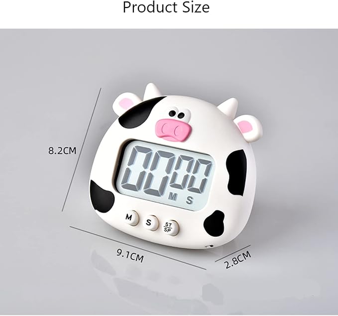 Kitchen Timer, Cute Cartoon Animal Countdown, Digital Cooking Timer with Magnetic, LCD Large-Screen Visual Clock, Hangable Alarm Clock with Stand，for Cooking Bake Sport Game (Cow)