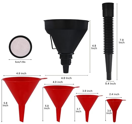 5 Pcs Automotive Funnels Set, Wide Mouth Fuel Funnel, Plastic Long Neck Oil Funnel, Flexible Right Angle Funnels, with Detachable Spout and Filter for Water/Gasoline/Coolant/Engine Oil - Image 2