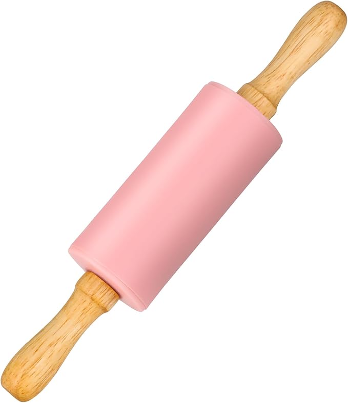 Mini Silicone Rolling Pin for Kids, Non-stick Surface Wood Handle, 9 Inch 1 Pack Pink by Honglida