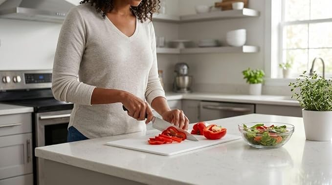 Farberware Extra-Large Plastic Cutting Board, Dishwasher- Safe Poly Chopping Board for Kitchen Meal Prep with Easy Grip Handle, 12-inch by 18-inch, White - Image 7