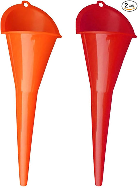 2PCS Long Neck Oil Funnels, Multi-Purpose Spill Saver Funnel, Plastic Funnel for Filling Automotive Oils Lubricants Engine Oils Water Diesel Fuel Kerosene and Other Liquids (1 Red + 1 Orange)