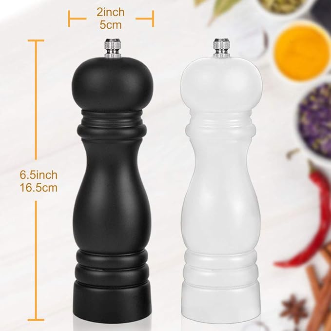 Premium Salt and Pepper Grinder Set of 2, Wood Salt and Pepper Shakers with Ceramic Core, Refillable Manual Sea Salt Pepper Mill Adjustable Coarseness for Spice/Chili/Sesame, 6.5 Inch (Black+White)