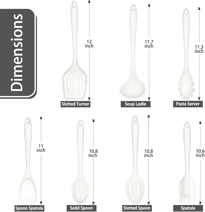 P&P CHEF Silicone Cooking Utensils Set of 7, Heat-proof Kitchen Utensils Set for Nonstick Cookware, Non-stick Spatula, Slotted Turner, Soup Ladle, Pasta Server, Spoon for Cooking Serving - White - Image 2