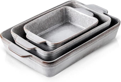 KOOV Bakeware Set, Ceramic Baking Dish Set, Rectangular Casserole Dish Set, Lasagna Pan, Baking Pans Set for Cooking, Cake Dinner, Kitchen, 9 x 13 Inches, Reactive Glaze 3-Piece, Variable Grey by KOOV