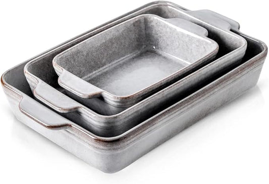 KOOV Bakeware Set, Ceramic Baking Dish Set, Rectangular Casserole Dish Set, Lasagna Pan, Baking Pans Set for Cooking, Cake Dinner, Kitchen, 9 x 13 Inches, Reactive Glaze 3-Piece, Variable Grey by KOOV
