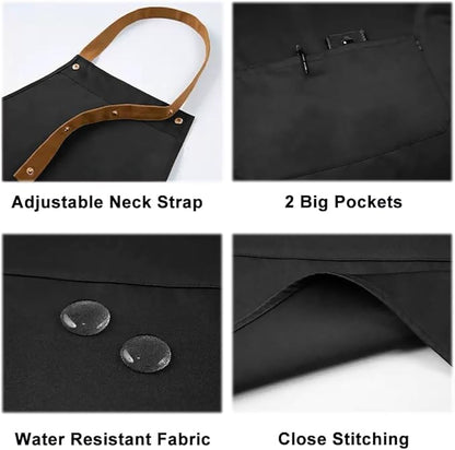 Kitchen Bib Apron with Pockets, Women Men Adjustable Neck Strap Water Resistant Apron for Chef Artist Waiter