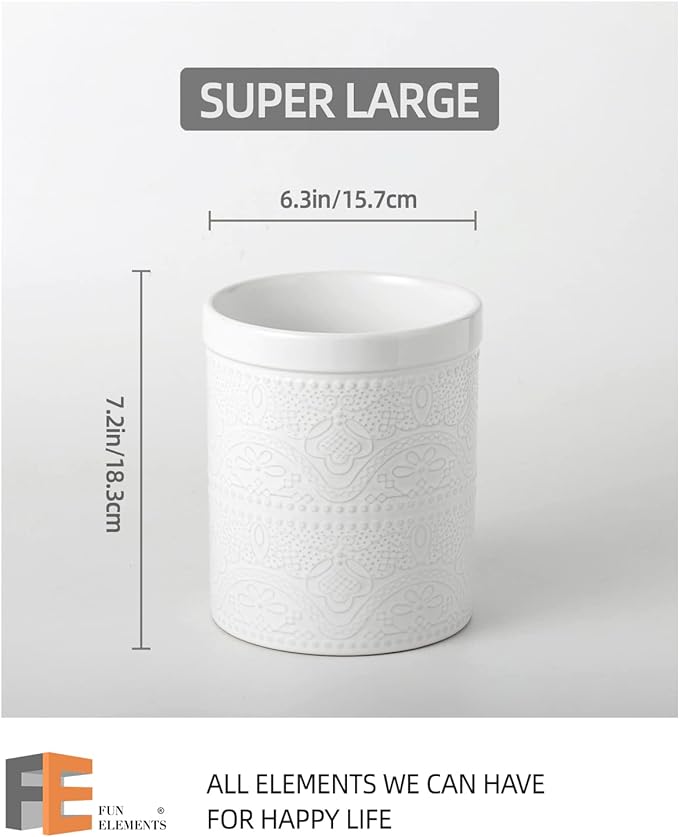 FUN ELEMENTS Kitchen Utensil Holder, 7.2" Super Large Utensil Crock Heavy and Stable Lace Emboss Ceramic Utensil Holder for Kitchen Counter (Bright White) - Image 5