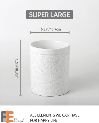 FUN ELEMENTS Kitchen Utensil Holder, 7.2" Super Large Utensil Crock Heavy and Stable Lace Emboss Ceramic Utensil Holder for Kitchen Counter (Bright White) - Image 5
