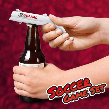 Cap Shooting Bottle Opener Gun - Launches Caps for World Cup Parties, BBQs & Adult Gatherings, Fun Gadget for Men, Unique Gag Gift for Sports Events (Blue red white yellow)