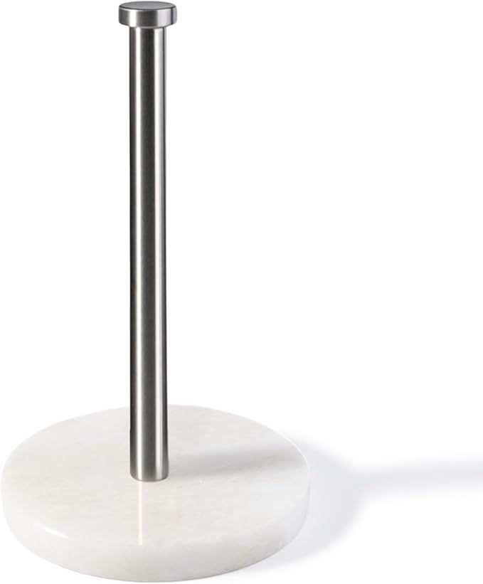 Koville African Genuine Marble Paper Towel Holder Countertop, 6" Stone Base Silver Rod Paper Towel Holder Stand for Kitchen Storage, for Standard or Jumbo-Sized Rolls by Koville