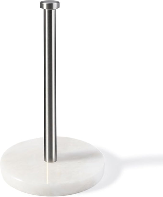 Koville African Genuine Marble Paper Towel Holder Countertop, 6" Stone Base Silver Rod Paper Towel Holder Stand for Kitchen Storage, for Standard or Jumbo-Sized Rolls by Koville