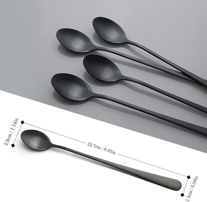 IQCWOOD Long Handle Ice Tea Spoons, 9-inch Black Coffee Stirrers, Stainless Steel Coffee Bar Spoon, Long Tea Spoon Cocktail Spoons for Stirring, Set of 4