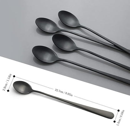 IQCWOOD Long Handle Ice Tea Spoons, 9-inch Black Coffee Stirrers, Stainless Steel Coffee Bar Spoon, Long Tea Spoon Cocktail Spoons for Stirring, Set of 4