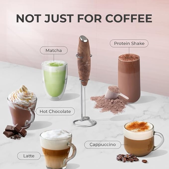 Zulay Kitchen Powerful Milk Frother Wand With 4 AA Duracell Batteries - Ultra Fast Handheld Drink Mixer - Electric Whisk Foam Maker for Coffee, Lattes, Cappuccino, Matcha & Creamer - Walnut - Image 3