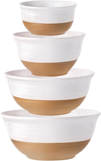 HASENSE Nesting Ceramic Mixing Bowls Set of 4, 2.1/1.5/1.0/0.5 Qt White & Terracotta Stoneware Bowls, Farmhouse Bowls for Cooking, Prepping, Salad & Soup, Dishwasher & Microwave Safe, Serving Dishes by Hasense
