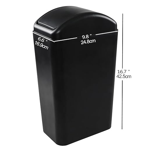 3.5 Gallons Capacity/ 14 Liter Plastic Trash Can, Garbage Bin with Swing Lid, Black, 9.8" x 6.6" x 16.7" - Image 3