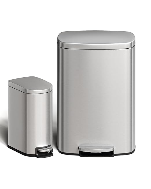 GarveeHome 13 Gal & 2.6 Gal Trash Can Combo Set, Kitchen Trash Can and Bathroom Trash Bin with Lid, Step-On Rustproof Garbage Bin with Inner Bucket, Black by GarveeHome