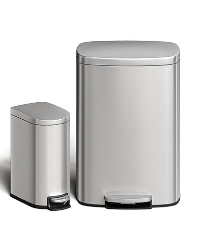 GarveeHome 13 Gal & 2.6 Gal Trash Can Combo Set, Kitchen Trash Can and Bathroom Trash Bin with Lid, Step-On Rustproof Garbage Bin with Inner Bucket, Black by GarveeHome