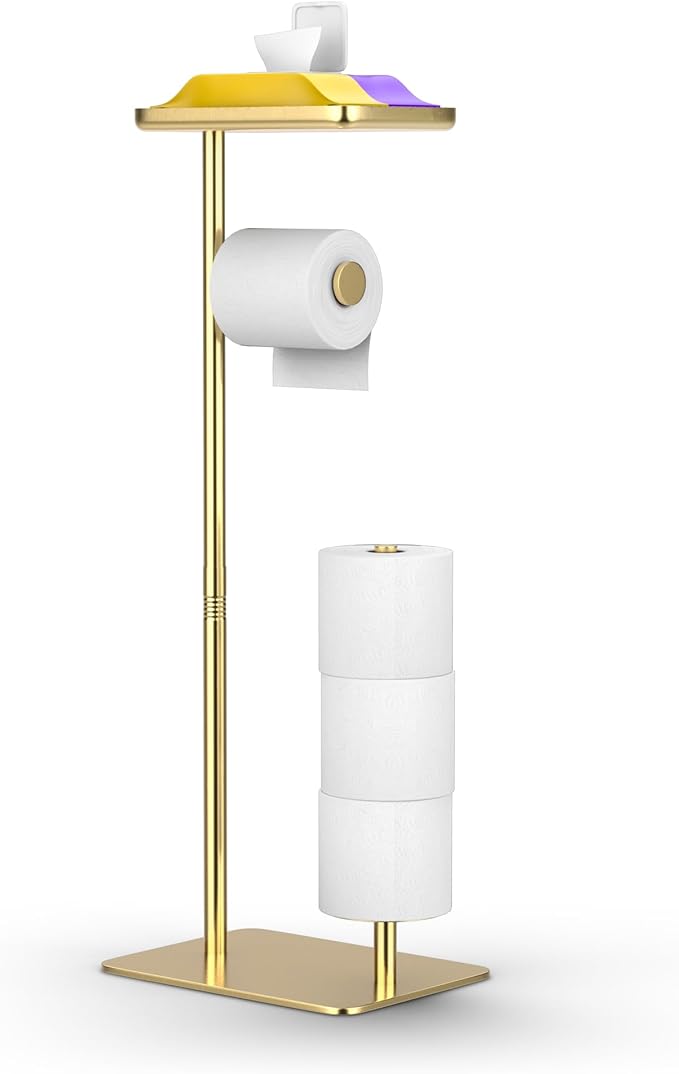Day Moon™ - Toilet Paper Holder - Modern Roll Holder for Bathroom - 1 Pack - Free Standing - with Shelf, Gold by DayMoonDesigns