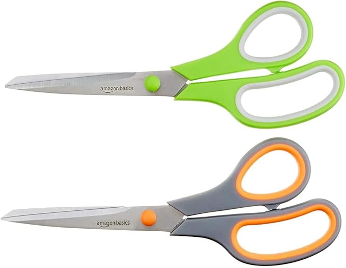 Amazon Basics Multipurpose Stainless Steel Scissors for Office, Crafts, Paper Cutting, Fabric Cutting, Right/Left Handed, Comfort Grip, PVD Coated, 2-Pack, Green and Grey by AmazonBasics