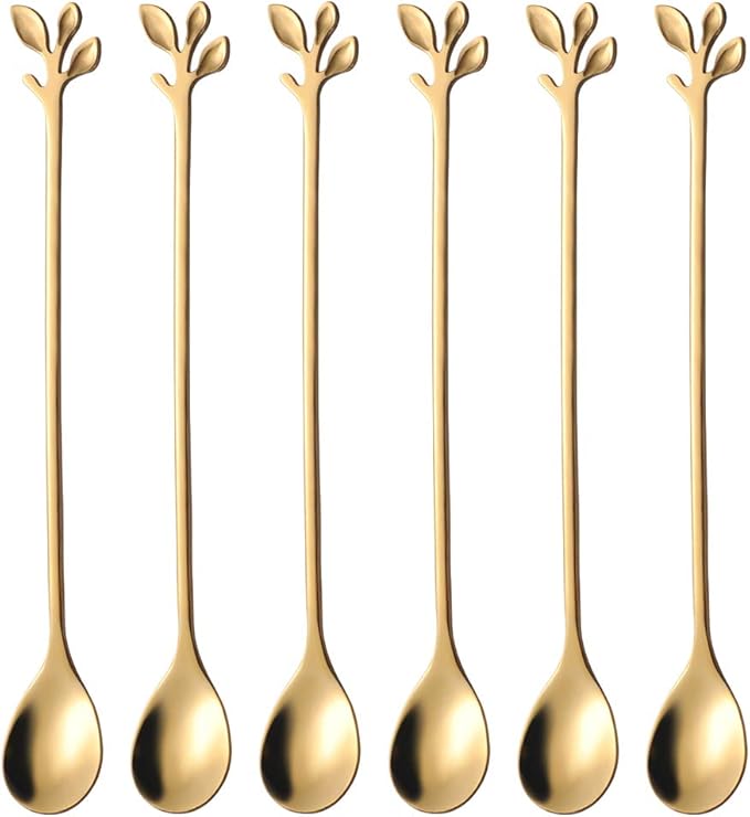 AnSaw 6-Piece Elegant Gold Leaf Long Handle Teaspoons - 7.4" Stainless Steel Stir Spoons for Coffee & Tea, Perfect for Mixing & Stirring by AnSaw