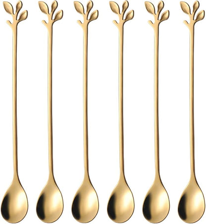 AnSaw 6-Piece Elegant Gold Leaf Long Handle Teaspoons - 7.4" Stainless Steel Stir Spoons for Coffee & Tea, Perfect for Mixing & Stirring by AnSaw