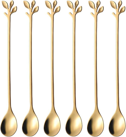 AnSaw 6-Piece Elegant Gold Leaf Long Handle Teaspoons - 7.4" Stainless Steel Stir Spoons for Coffee & Tea, Perfect for Mixing & Stirring by AnSaw